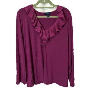 Chaps Women’s Plus 3X Ruffle Collar Blouse Long Sleeve Purple Feminine Classic